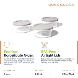 DURA LIVING 6-Piece Glass Food Storage Containers Set (3 Containers + 3 BPA-Free Lids) | 2-Cup, Leakproof | Microwave, Freezer, Oven & Dishwasher Safe | Ideal for Meal Prep & Pantry Organization