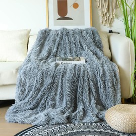 Decorative Extra Soft Faux Fur Blanket Queen Size 78" x 90",Solid Reversible Fuzzy Lightweight Long Hair Shaggy Blanket,Fluffy Cozy Plush Fleece Comfy Microfiber Blanket for Couch Sofa Bed,Light Gray