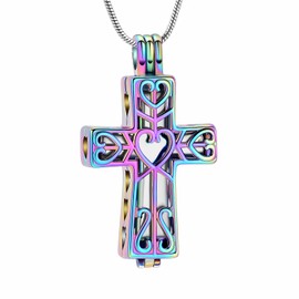QGJNSGC Urn Necklaces for Ashes Cross Cremation Jewelry for Ashes Memorial Ash Pendant with Hollow Keepsake Jewelry Gifts for Loss of Loved One with Funnel Filler Kit (Colorful-silver)