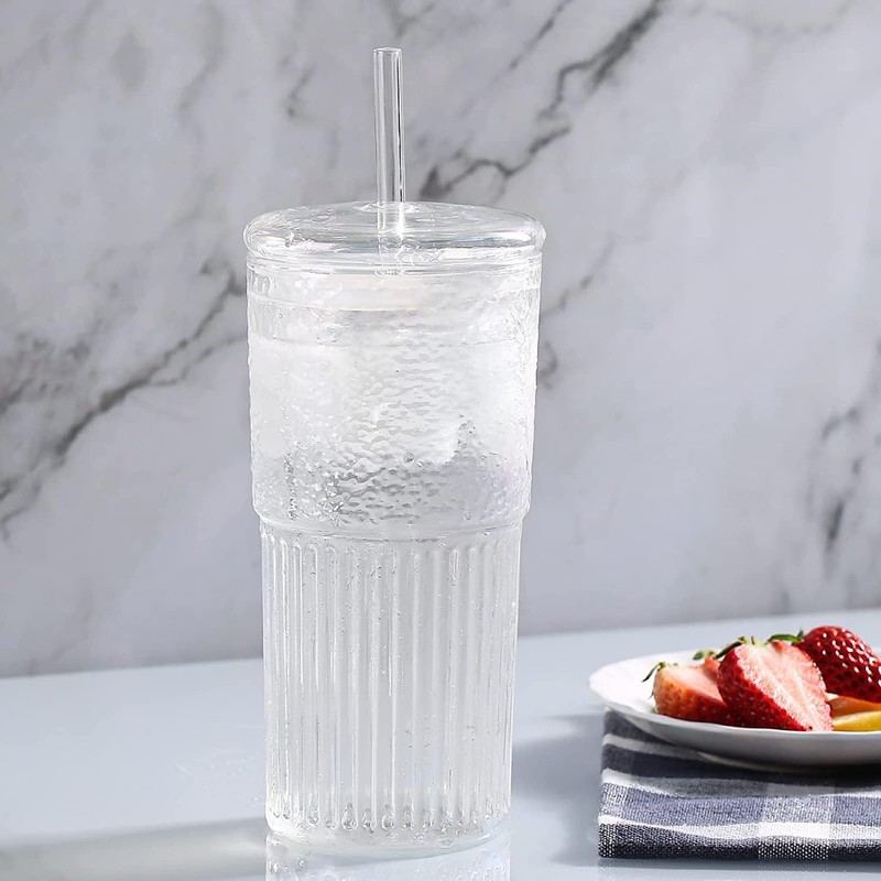 QWEZXO Glass Cups With Lids and Glass Straws，20 OZ High