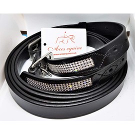 Aces GENUINE HORSE HEAVY DUTY STRONG BLING DIAMANTE STIRRUP LEATHER BLACK FULL (54") COB (52"), PONY (48") SS BUCKLE (COB)