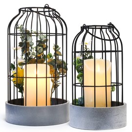 PHIROWN Lantern Decorative Indoor, Set of 2 Rustic Farmhouse Candle Lantern Decor, Modern Metal Candle Holder with Fake Faux Plants for Home Living Room Dining Table Fireplace Mantle
