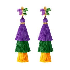 Mardi Gras Earrings for Women Purple and Gold Earrings Tassel Dangle Earrings Lightweight Carnival Theme Holiday Jewelry for Holiday Mardi Gras Gifts