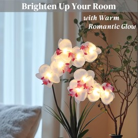 HOMESEASONS Orchid Lamp-LED Lighted Orchid Arrangements,Pre Lit Artificial Orchid,Light Up Flower Lights, Faux Orchid Phalaenopsis Arrangement (White)