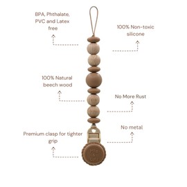 Silicone Pacifier Clip; Metal Free, Rust Free; 100% Silicone and Natural Beech Wood (Ocean)