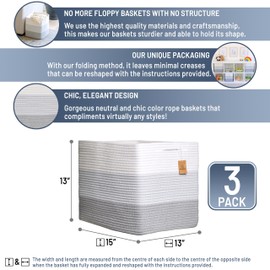 NaturalCozy 13x15x13 Kallax Storage Cubes Bins, 3 Pack | Cotton Rope Cube Storage Bin Woven Baskets for Organizing | Kallax Insert Storage Baskets for Shelves Organizer, Kids Toy, Closet Baby Nursery