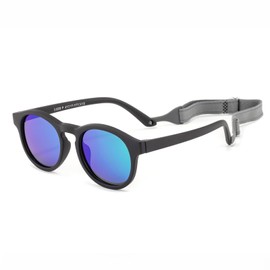 FLJMRAVER Baby First Sunglasses with Strap Round Flexible UV400 Polarized Infant Sunglasses for Ages 0-24 Months (Matte Black/Green Mirror)