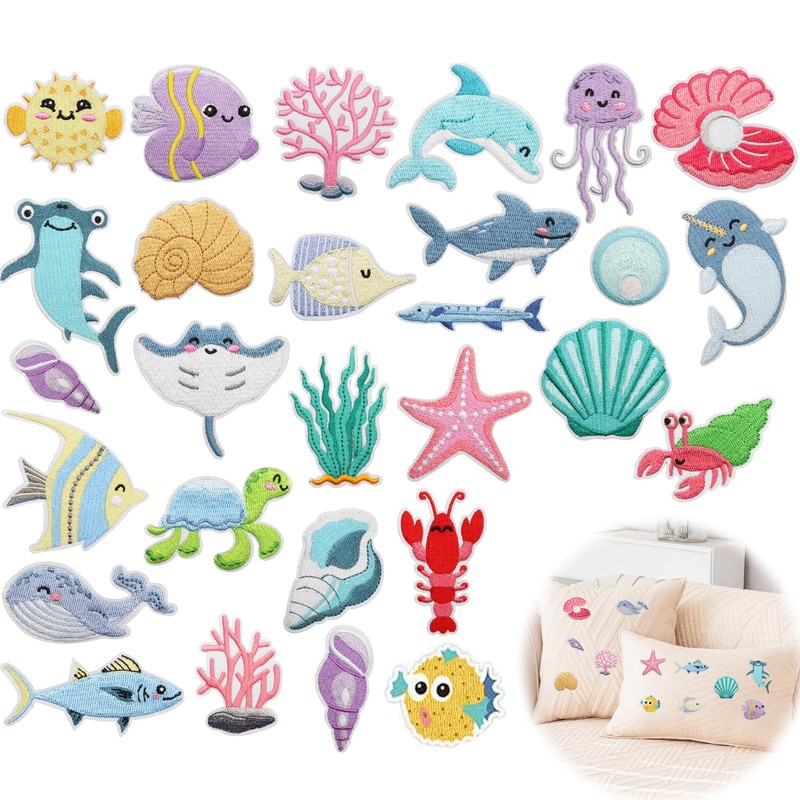 28pcs Sea Animal Iron/Sew on Patches Marine Organisms Embroidered Patches