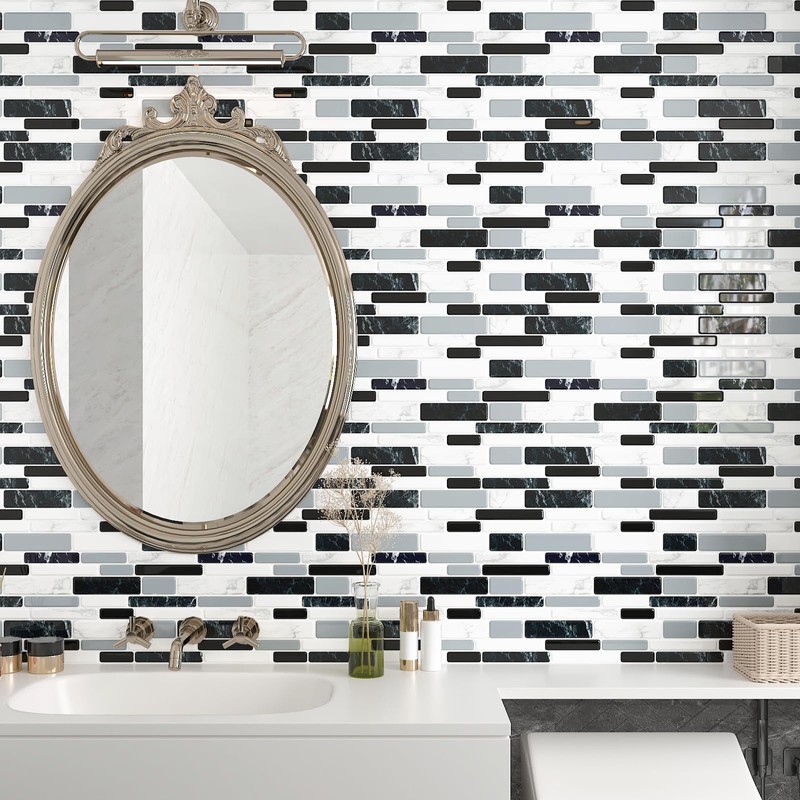 CHIHUT 6 Sheets 12"x12" Black White Gray Marble Mosaic Peel