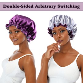 Sent Hair Satin Bonnet Sleeping Cap for Women, Large Hair Bonnet for Sleeping, Adjustable Sleep Bonnet Night Caps for Long Curly Hair (Double Layer Purple/Blue)