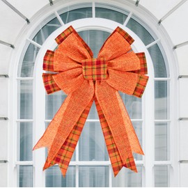 Large Fall Bow Wreath Thanksgiving Decor Buffalo Bows for Indoor Outdoor Orange Wreath Holiday Fall Decorations and All Kinds of Holiday Backdrops Decorations (1, Orange Buffalo)