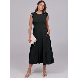 ANRABESS Women Summer Casual Ruffle Sleeveless Maxi Dress A-Line Flowy Tiered Beach Long Sundress with Pockets Black Small