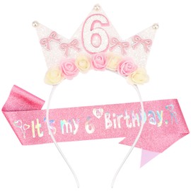 SuPoo 6th Birthday Sash and Headband Crown Flower 6th Birthday Decorations for Girl Pearl Bow Crown for Girls Princess Tiara Cute Glitter Hair Band 6 Year Old Party Decorations Outfit Gift