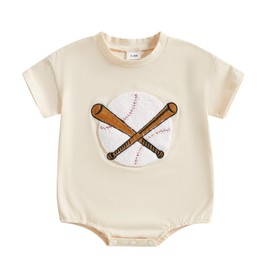 Licupiee Baby Boy Girl Baseball Romper Newborn Bow Basketball Rompers Summer Casual Short Sleeve Embroidery Golf Bodysuits (Apricot Baseball, 0-3 Months)