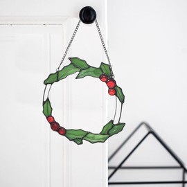 Velasyart Christmas Green Wreath Stained Glass Window Hangings,Green Suncathers, Christmas Wreath Stained Glass Ornaments for Wall Window Decoration