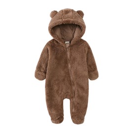 Winter Baby Zipper Jumpsuit Newborn Boy Girl Bear Ear Hoodie Romper Winter Fleece Warm Bodysuit Outfits Khaki 12 9-12 Months