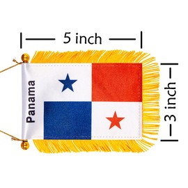 WXTWK 3 X 5 Inch Panama Flag Panamanian Window Hanging Flag Small Mini Car Flags Banners Rearview Mirror Decoration With Suction Cup Golden Fringy Banner