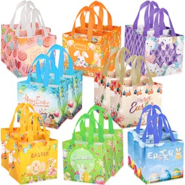16 Pcs Easter Egg Hunt Bags Bunny Carrot Chick Treat Bag with Handles, Reusable Non-Woven Easter's Bag for Gifts Wrapping Party Supplies, Easter Basket Container 7.9×7.9×5.9 Inch (Color02 16-Packs)