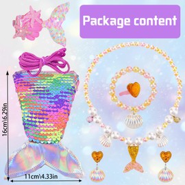 AUNGKWANG 7 Piece Mermaid Children's Jewellery Set Girls Mermaid Jewellery Set Mermaid Fin Girls Bag Necklaces Bracelets Rings Earrings Gifts for Girls from 3 Years, Plastic / resin, 1