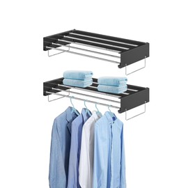 KOPLEOTH Wall Mounted Drying Rack - Retractable Foldable Laundry Rack (31.5 Inch), 5-Rod Collapsible Clothes Drying Rack with 2 Tower Handles for Indoor/Outdoor Use - Bathroom, Balcony, Apartment