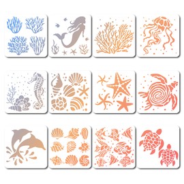 GORGECRAFT 12 Styles 18 x 18 cm Sea Creature Stencils Square Painting Template Coral Shell Sea Turtle Starfish Tropical Fish Reusable Summer Ocean Theme Drawing Stencil