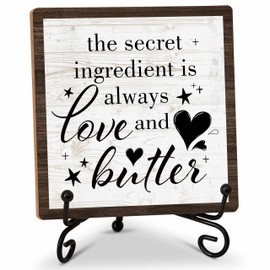 Kitchen Shelf Decor Wood Sign, The Secret Ingredient Is Always Love And Butter Wood Sign, 5x5IN Wooden Sign Comes With Iron Stand, Perfect For Farmhouse Home Kitchen Desk Shelf Decor, Set Of 1-A(15)
