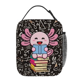 Axolotl With Pile Books Insulated Lunch Bag, Leakproof Portable Box For Boys Girls, Large Capacity Cooler Bag With Handle And Bottle Pocket For Kids Teens Adults Office Camping School Hiking Outdoor