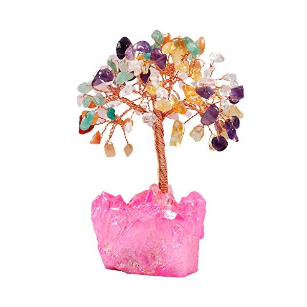 mookaitedecor Colorful Crystal Tree, Quartz Cluster Fuchsia Titanium Crystals Base Bonsai Money Tree for Wealth and Luck