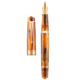 Asvine P20 Piston Fountain Pen Amber Resin, Iridium Medium Nib Gold Trim Smooth Writer Collection with Case Set