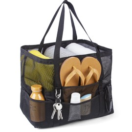 AMEITECH Large Mesh Beach Tote Bag, Multi-Pocket Design, Family Pool Bag with Zipper, Black, Black, Large