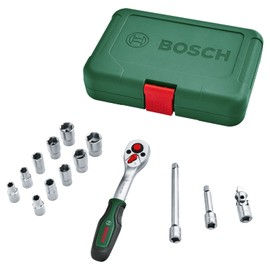 Bosch Ratschen / ¼"-Steckschlüsselsatz, 14-teilig (hochwertiger und vielseitiger Steckschlüsselsatz für zahlreiche Heimwerkeraufgaben; ergonomischer Griff mit Softgrip; magnetische Bit-Aufnahme)