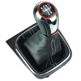Do!LED Gear Knob Gear Stick Boot 5 Gears Chrome Look Red Ring White Stitching