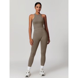 OMEWEE Gym clothes for woman set Racer-back Tank Top and Tummy Control Leggings Yoga sets for women 2 piece Coffee L
