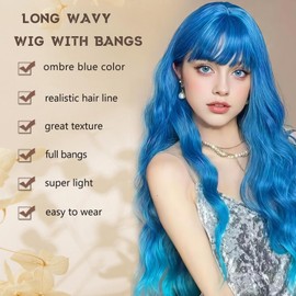 MINSEEYOO Blue Wig with Bangs for Women Long Ombre Blue Wavy Wigs 26 Inch Blue Wigs Natural Looking Heat Resistant Synthetic Wig for Daily Party Use