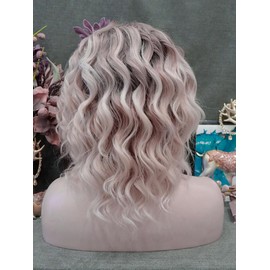 IMSTYLE Pink Blonde Lace Front Wigs Short Bob Wavy Wigs Synthetic Hair Wig Free Part with Natural Hairline Shoulder Length for Women (White Brown Ombre Blonde)