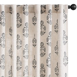 jinchan Linen Floral Curtains for Living Room 84 Inch Length Black Flower Cottage Core Farmhouse Curtains Rod Pocket Back Tab Boho Semi Sheer Window Drapes Bedroom Set 2 Panels Black on Beige