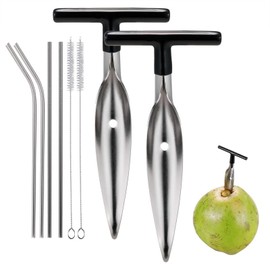 2 Pcs Coconut Opener Set with Reusable Stainless Steel Straws, T-Shaped Coconut Opener for Safe Opening of Young Green White Coconuts - Includes 4 Straws (2 Straight & 2 Bent) + 2 Cleaning Brushes
