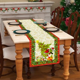 FARMNALL Linen Green Christmas Table Runner Merry Christmas Tablecloth Christmas Xmas Winter Holiday Home Kitchen Dining Room Table Decorations 13x72 Inch