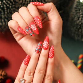 Christmas Press on Nails Medium Almond Fake Nails Plaid Snowflake False wieh Design Christmas Tartan Glue on Nail Full Cover Acrylic Nails for Women Grils Nail Decoration 24Pcs