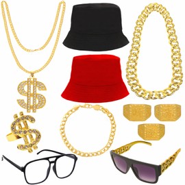 baotongle 11 Piece Hip Hop Costume Accessory Set 80s 90s Outfit Men's Hip Hop Costume 2 Bucket Hat, Gold Chain, Sunglasses, Gold Ring, Bracelet for Carnival Fancy Dress Theme Party