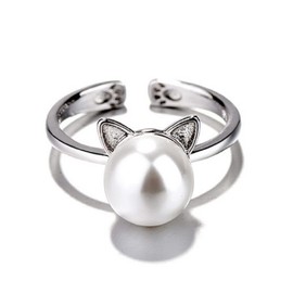 HUKQBUNX 925 Sterling Silver Kitten Pure Natural White Pearl Lady Fresh cat Claw Simple Wind Opening Adjustment Wedding Engagement Ring, Clear,White