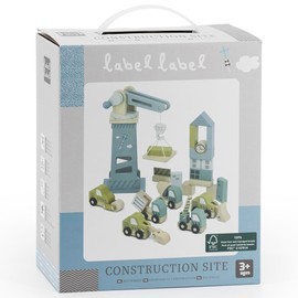 Label Label: Wooden Construction Site Play Set - Pastel Blue & Green - 13 Building Blocks, Interactive Crane & Accessories, 6 Toy Vehicles, Kids 3+