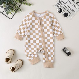 Karuedoo Newborn Baby Boy Girl Clothes Checkered Long Sleeve Zipper Romper Jumpsuit One Piece Bodysuit Fall Winter Outfit (Khaki, 6-9 Months)