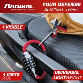 RADIKAL RK540R Motorcycle Helmet Lock, Combination Code Lock, T Buckle Adapter, Security Cable, Carabiner Anti-Theft Padlock Multifunction Universal Scooter, Electric Bicycle, Ebike, Luggage, Backpack