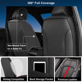 FiveFox Fit 4Runner Car Seat Covers (Front Pair) for Select Toyota 4Runner 2025-2026 - Full Coverage Leather, Waterproof & All Weather Seat Cushion Protector, Black with Red Trim