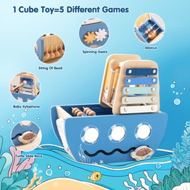 Promise Babe 5-in-1 Baby Wooden Activity Cube, Sea Ocean Montessori Toddler Toys for 1+ Year Old Boys Girls Gifts, Educational Learning Boat Toys for 1st Birthday Gifts for Kids