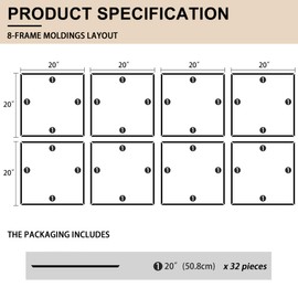 Hungbak 8 Set of 20" x 20" Pre-Cut Accent Wall Molding Trim Kit, Peel and Stick Premade Wainscoting Panels for Interior Decoration, Ready to Assemble Chair Rail Moulding