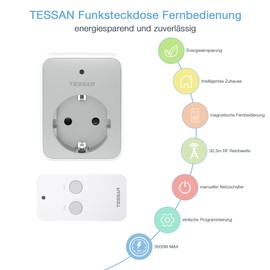 TESSAN Radio Socket with Remote Control, Socket with 30.5 m Range, 3600 W Inside, Switchable with Magnetic, Programmable