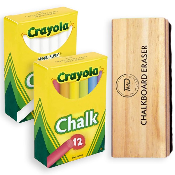 Chalk - 24 Pack Including 12 White Chalk, 12 Colored Chalk With 1 Felt Chalkboard Eraser - Thin Chalkboard Chalk Great for School, Office and Home Use, Dustless Chalk for Kids Bundle Pack