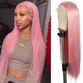 SOMIARIK Pink Wig 13x6 Straight Synthetic Lace Front Wig Long Straight Rose Pink Wigs Pre Plucked Natural Hairline with Baby Hair for Women Heat Resistant Fiber Hair Cosplay Daily Wear Wig 26 Inch